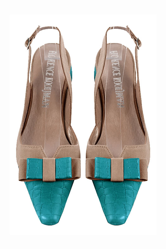 Turquoise blue and tan beige women's open back shoes, with a knot. Tapered toe. Flat block heels. Top view - Florence KOOIJMAN